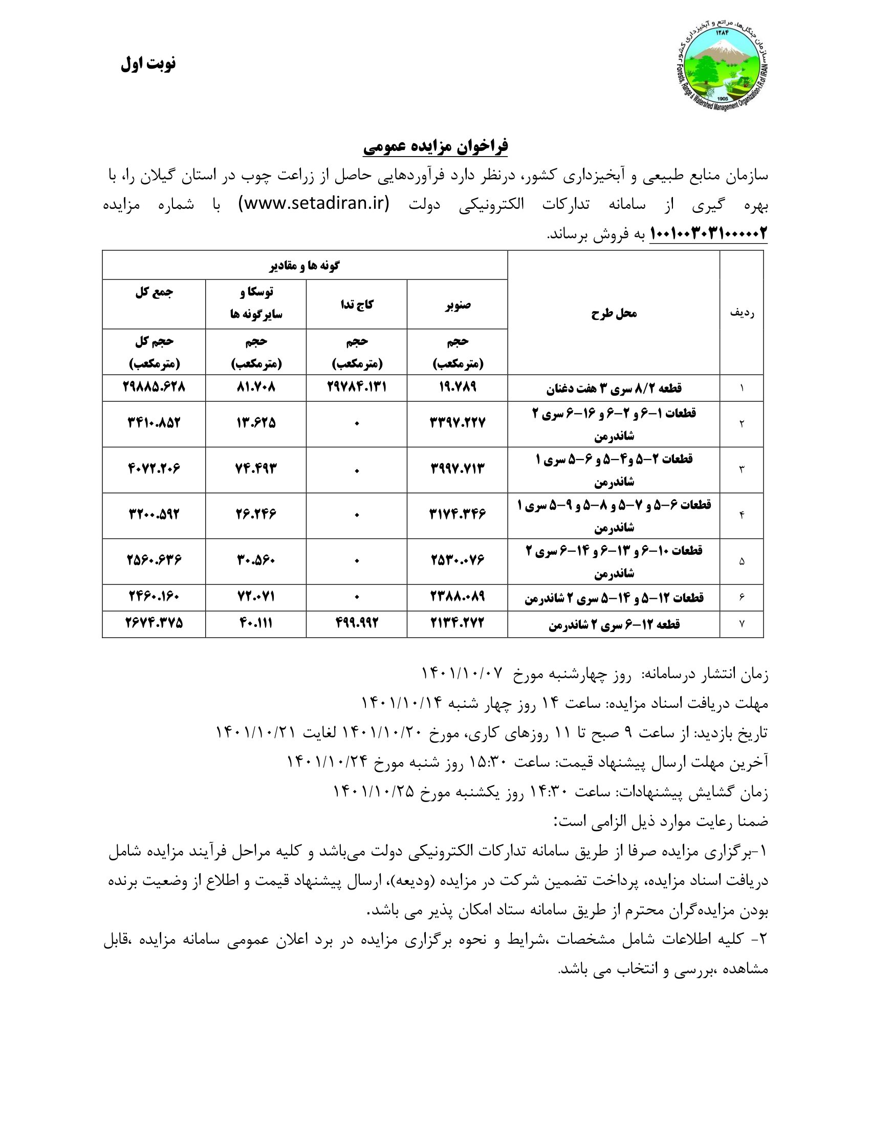 فراخوان مزایده عمومی فروش زراعت چوب استان گیلان (نوبت اول)